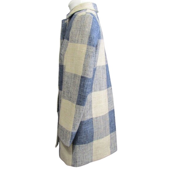 J McLaughlin Cream Blue Gingham Plaid Long Jacket Coat Womens Size S Statement - Picture 2 of 9